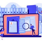 Records management concept vector illustration Organized archive. Searching files in database. Records management, records and information management, documents tracking system concept. Pink coral blue vector isolated illustration